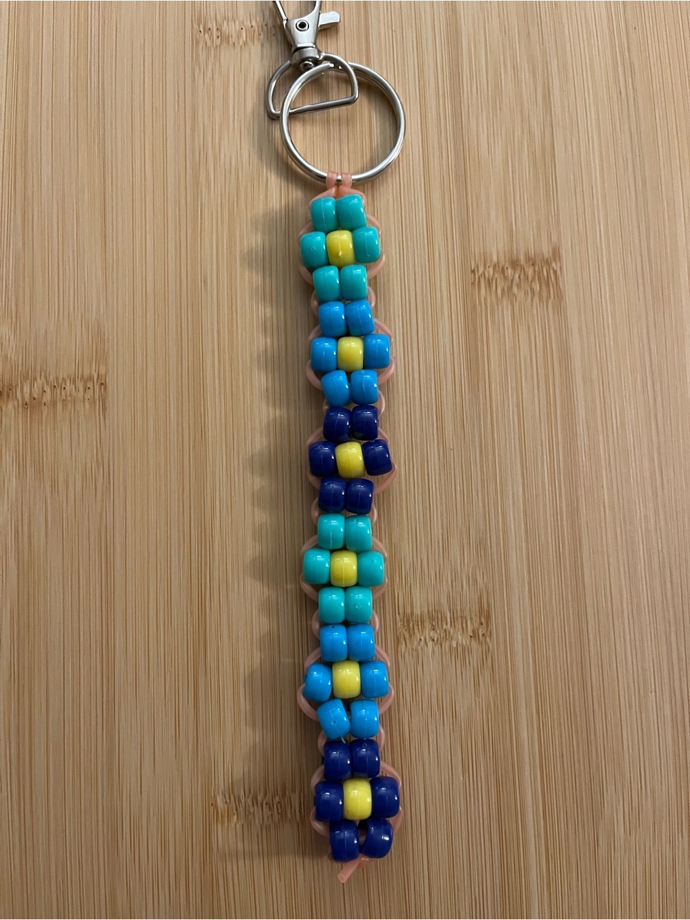 Blue Beaded Flower Keychain  - Blue, Teal & Yellow